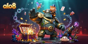 Experience the vibrant scene of alo8 featuring a magical guardian golem and enchanted characters amidst gold and slots.