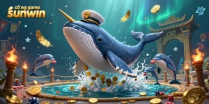 Experience thrilling action at cổng game sunwin with a dynamic 3D casino illustration showcasing a whale and poker chips.
