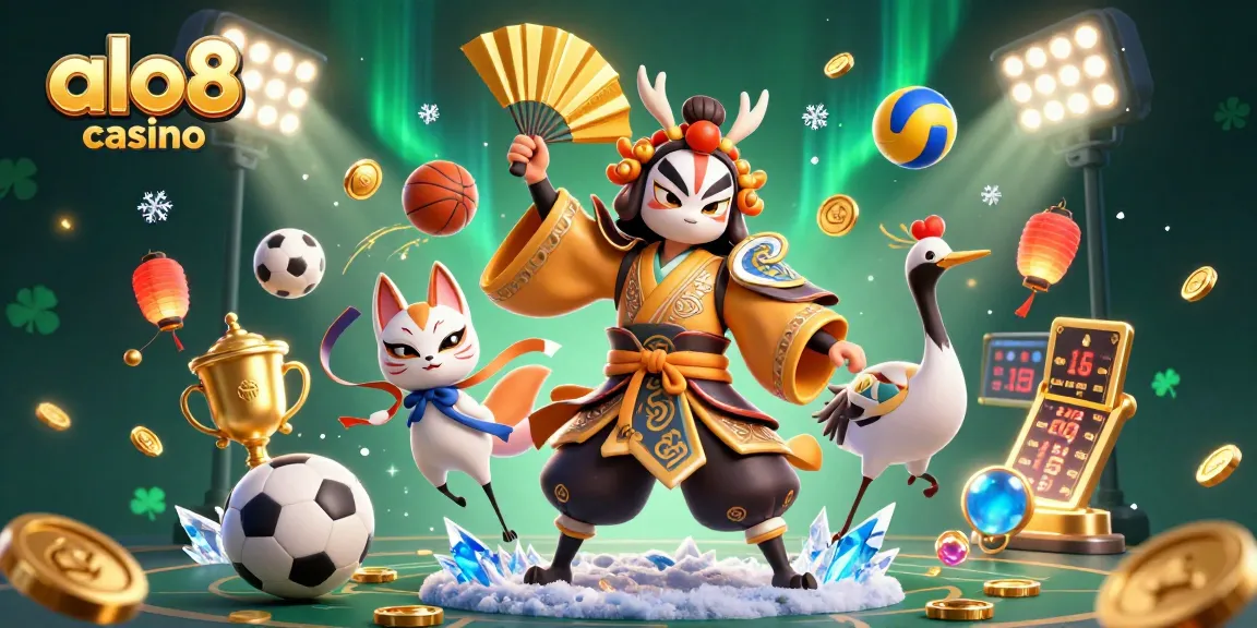 Engage with the excitement of alo8 casino and vibrant game elements in a dynamic 3D illustration.