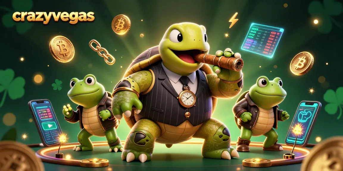 Experience thrilling action with crazyvegas as the giant turtle savors winning rewards in a casino.