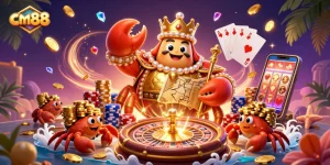 Engage with cm88's thrilling casino experience featuring a golden crab emperor and vibrant gaming elements.