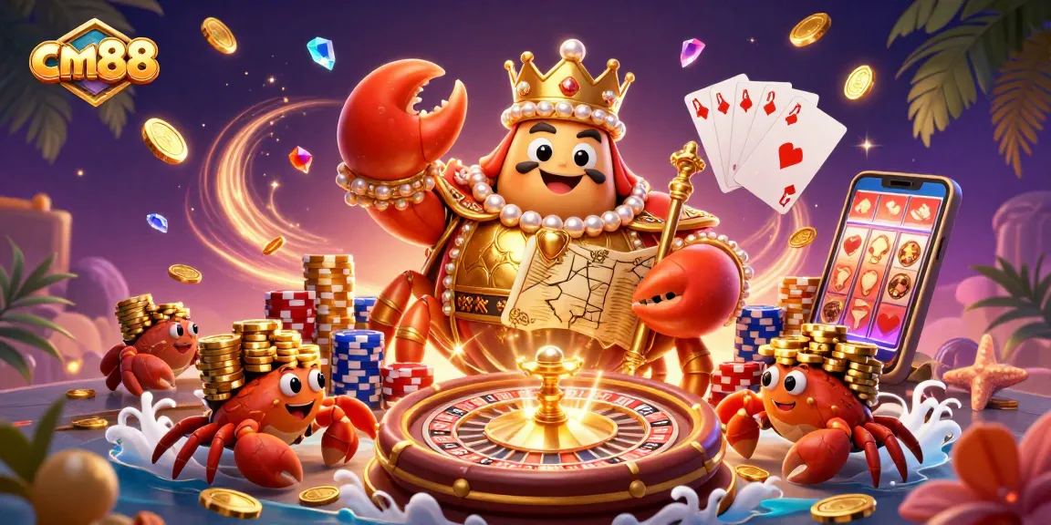 Engage with cm88's thrilling casino experience featuring a golden crab emperor and vibrant gaming elements.