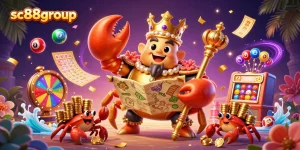 Engage with sc88group as colorful lottery elements and a crab emperor create a vibrant casino scene.