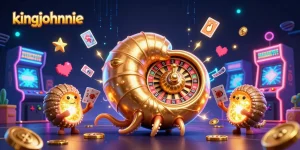 Engage in thrilling gaming with kingjohnnie's lively 3D casino scene featuring a giant nautilus roulette wheel.