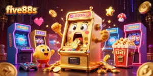 five88s showcases an animated golden slot machine celebrating jackpots, surrounded by games and a popcorn sidekick.