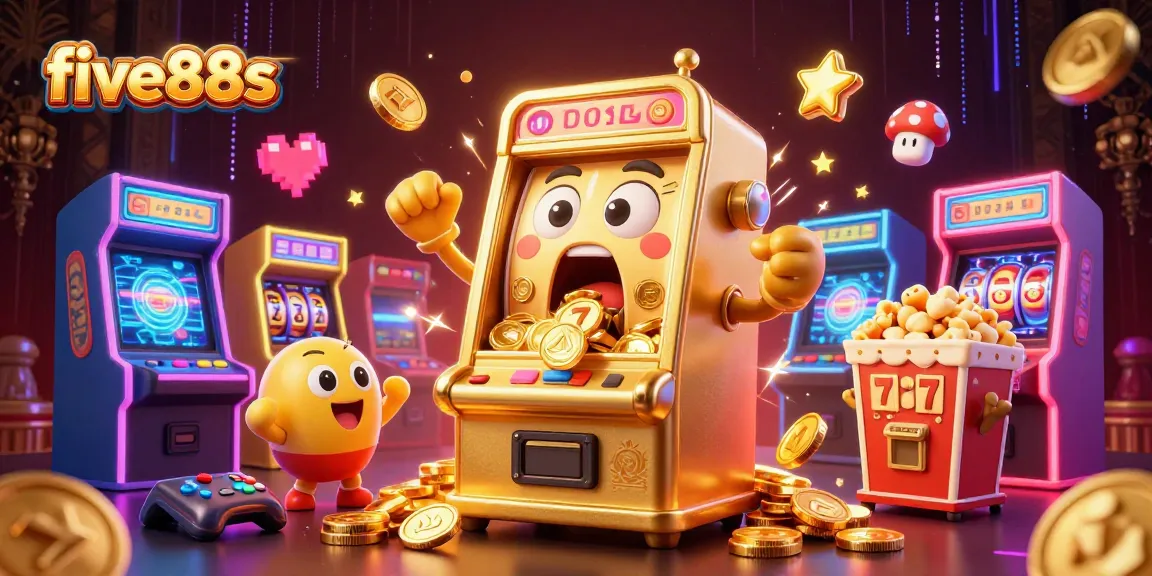 five88s showcases an animated golden slot machine celebrating jackpots, surrounded by games and a popcorn sidekick.