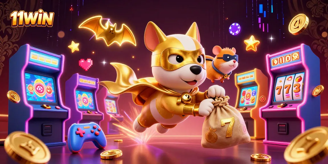 Engage with 11WIN, a vibrant casino adventure featuring a superhero dog and hamster in action!
