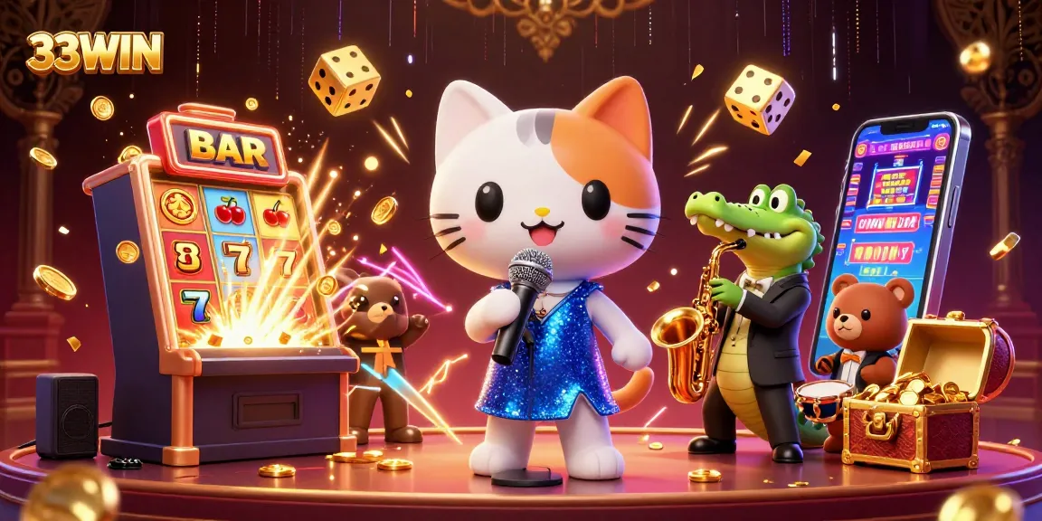Experience the excitement of 33WIN with vibrant characters and thrilling slot action in a casino