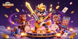 Play and win at luck8864 with a vibrant casino scene featuring a rock star wolf and a drummer bear.