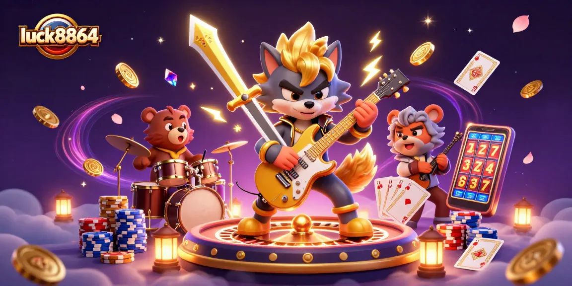 Play and win at luck8864 with a vibrant casino scene featuring a rock star wolf and a drummer bear.