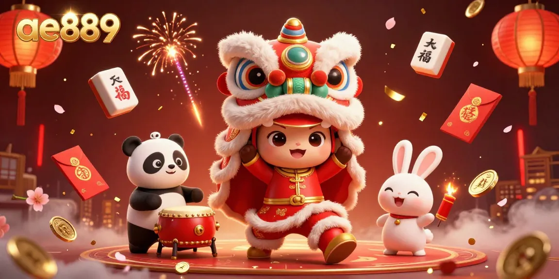 Play thrilling games at ae889 with a vibrant Chinese New Year celebration, featuring lively characters and exciting game elements.
