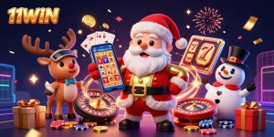 Win with 11WIN's exciting slots adventure featuring Santa and friends in a vibrant casino.