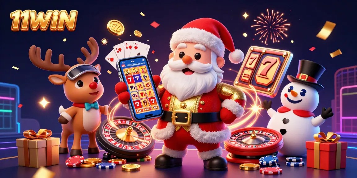 Win with 11WIN's exciting slots adventure featuring Santa and friends in a vibrant casino.