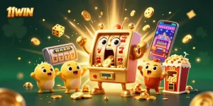 Experience the excitement of 11WIN as a golden slot machine hits a jackpot, showering coins and cheering smaller machines.