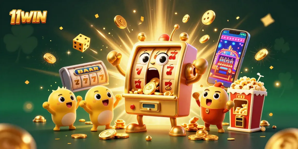 Experience the excitement of 11WIN as a golden slot machine hits a jackpot, showering coins and cheering smaller machines.