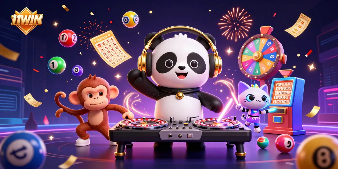 Experience vibrant fun at 11WIN with a DJ panda and lively characters in a colorful casino atmosphere.