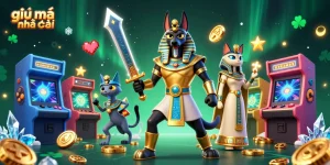 Engage with giải mã nhà cái through an immersive 3D digital illustration blending ancient mythology and modern gaming elements.