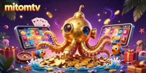 Experience mitomtv with a golden kraken submarine and vibrant casino elements in a rich 3D scene.