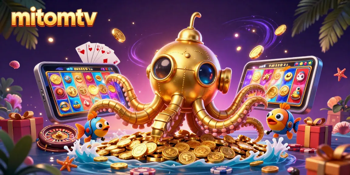 Experience mitomtv with a golden kraken submarine and vibrant casino elements in a rich 3D scene.