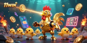 Engage with 11WIN featuring a golden rooster robot amidst vibrant slot games and crypto elements.