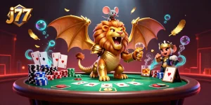 Experience the thrill of j77 with a vibrant 3D illustration capturing casino excitement.