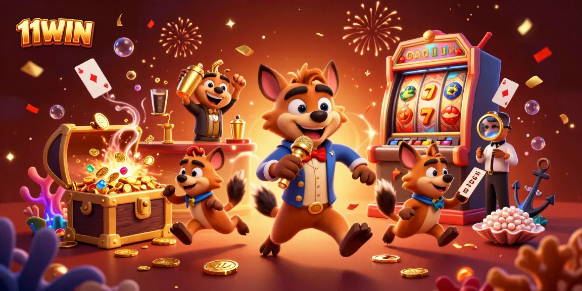 Experience fun at 11WIN's casino with hyenas in a vibrant atmosphere, playing slots and mixing drinks.