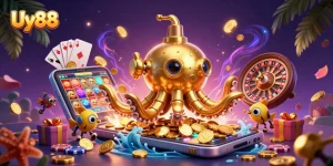 Engage with Uy88 as a golden kraken submarine reveals vibrant casino games amidst golden coins.