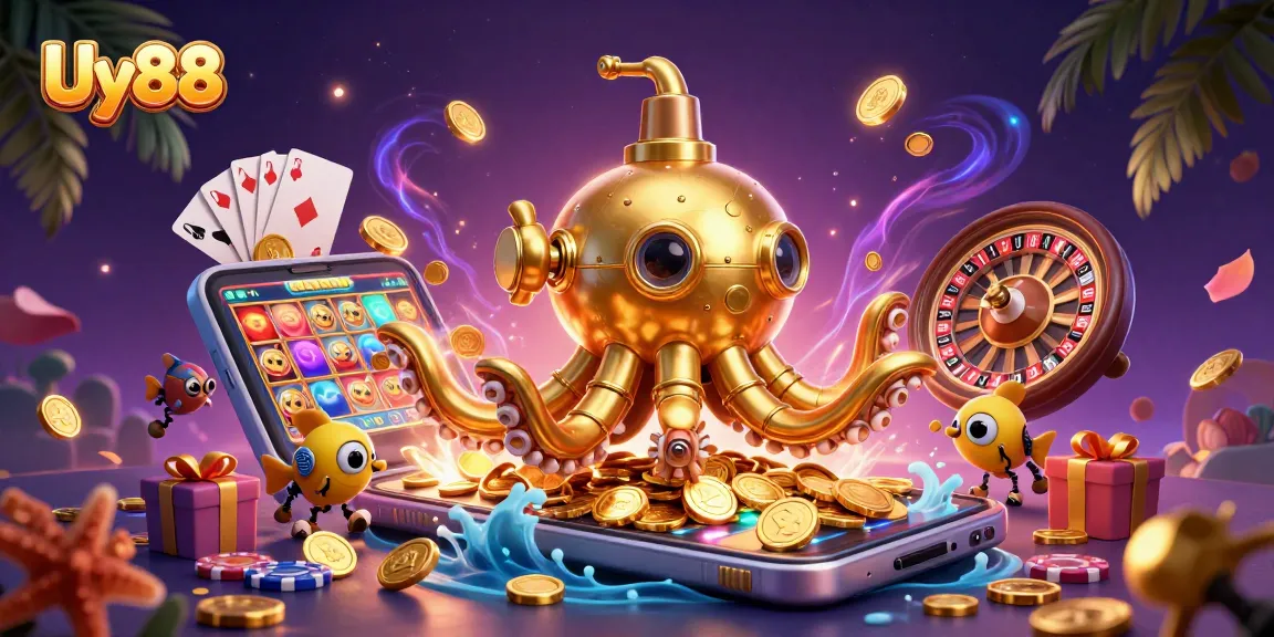 Engage with Uy88 as a golden kraken submarine reveals vibrant casino games amidst golden coins.