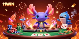 Experience an electrifying scene at 11WIN, where a vibrant DJ and performing sea creatures animate the casino atmosphere.