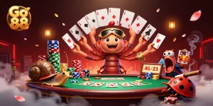 Experience the excitement of Go 88 with lively 3D characters at a vibrant poker table.