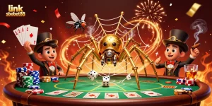 Experience the thrill of link sbobet88 with a steampunk spider catching lucky dice in a vibrant casino setting.
