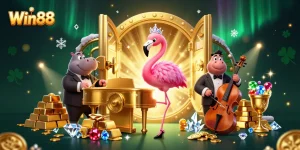 Experience excitement at Win88 with a vibrant 3D casino scene featuring lively characters and treasure-filled elements.