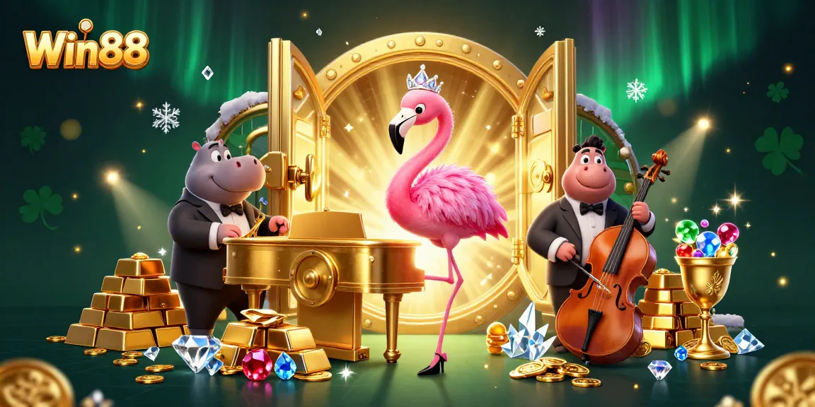 Experience excitement at Win88 with a vibrant 3D casino scene featuring lively characters and treasure-filled elements.