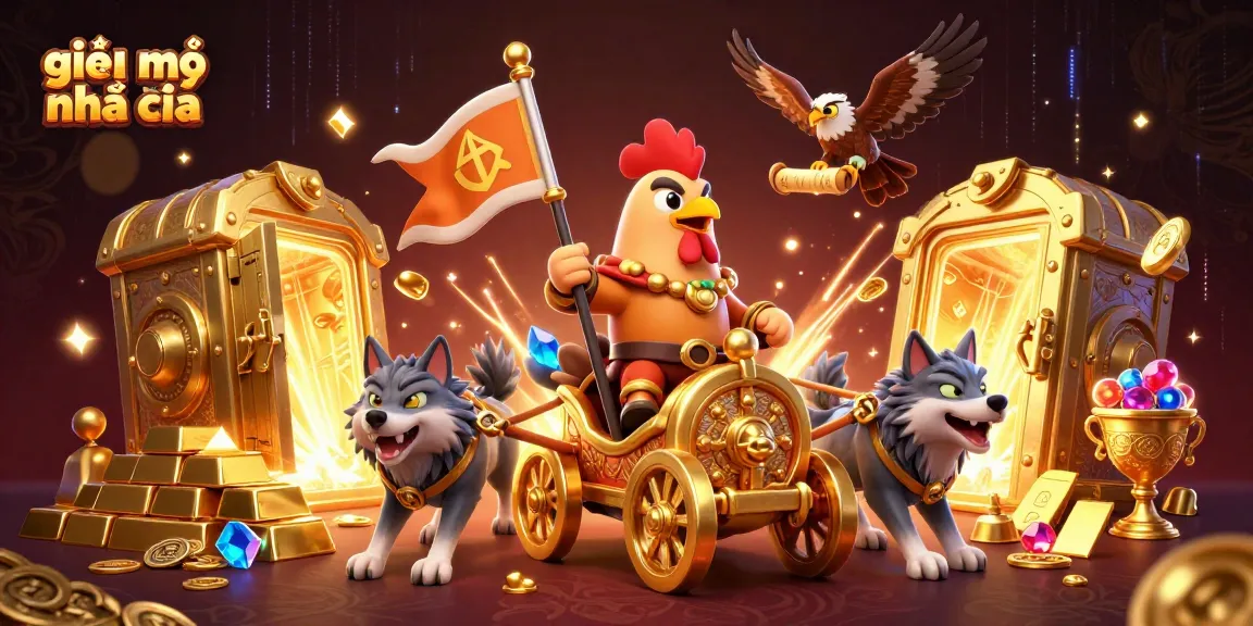 Engage with giải mã nhà cái as this dynamic illustration showcases a cartoon rooster and golden treasures in an online casino arena.