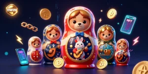 Engage with 11WIN’s dynamic 3D illustration showcasing casino elements and crypto coins.