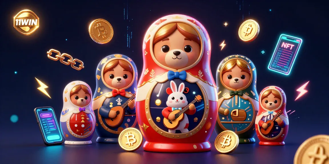 Engage with 11WIN’s dynamic 3D illustration showcasing casino elements and crypto coins.