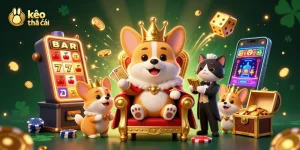 Engage in kèo nhà cái excitement with a 3D royal corgi throne scene, showcasing vibrant casino elements.