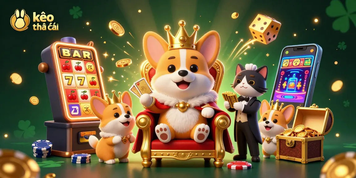Engage in kèo nhà cái excitement with a 3D royal corgi throne scene, showcasing vibrant casino elements.